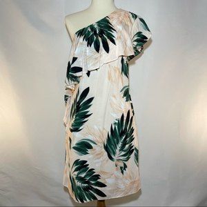 Scripted Saks Fifth Ave One Shoulder Ruffle Palm Print Sheath Dress Size XS